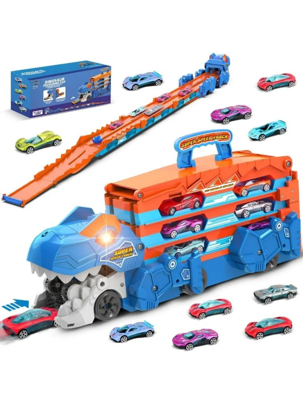 Dinosaur Transport Truck Toy - 3-in-1 Ejection Track Set with Sound & 8 Race
